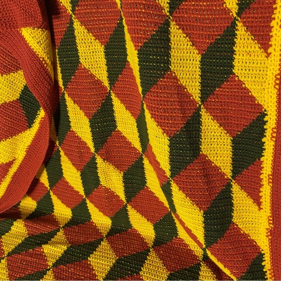 Vintage Handmade Red Yellow Green Geometric Pattern Crochet Afghan Blanket - Picture 5 of 12